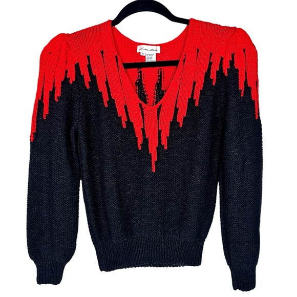 Vintage 80s Lillie Rubin Hand Knit Sweater Wool Blend Puff Sleeve Black & Red - Picture 12 of 13